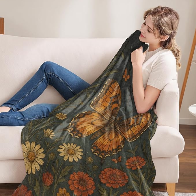 Butterfly Gifts, Orange Butterfly and Moon Theme Flannel Blanket for Women, Gothic Birthday Throw Blankets for Kids, Girls, Travel Camping Sofa Living Room Decor 40x50 in