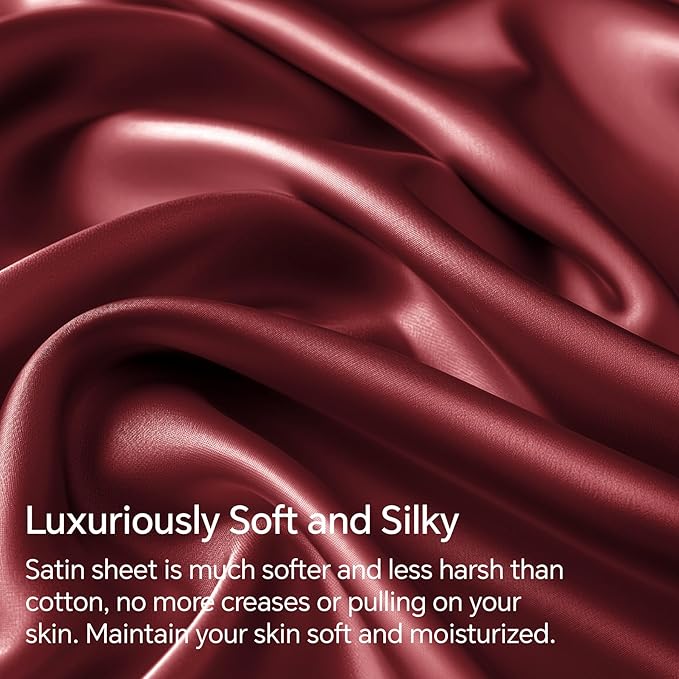 BEDELITE Satin Sheets Twin XL Size Bed Set, Luxury Soft Burgundy Silky Sheets for Hair and Skin, Similar to Silk Bed Sheets Set 3 Pieces （1 Deep Pocket Fitted Sheet, 1 Flat Sheet, and 1 Pillowcase）