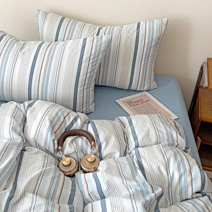 VM VOUGEMARKET Blue Striped Duvet Cover Set King 100% Washed Cotton Linen Like Textured Breathable Durable Soft Comfy Bedding Set - King 104"x90"