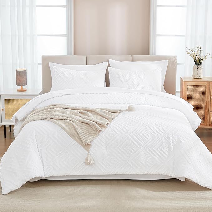 Andency White Comforter King Size Set with Sheets - 7 Pieces Boho Bed in a Bag Tufted Bedding Sets Lightweight All Season Bed Set with Comforter, Sheets, Pillowcases & Shams