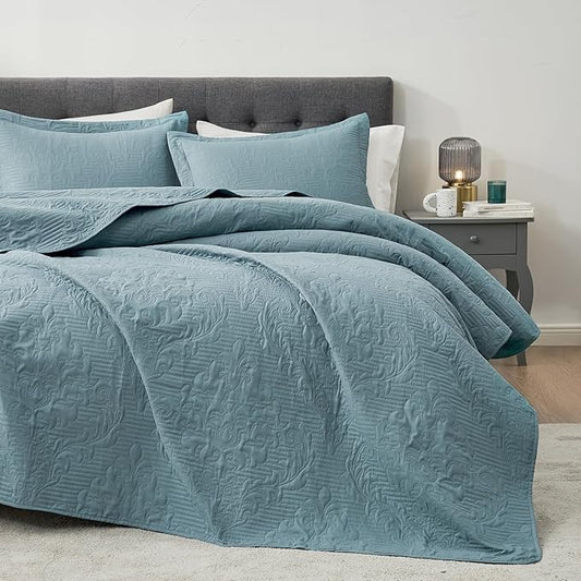 Hansleep Blue Quilt California King Size - Damask Ultrasonic All Season Bedspread California King, Soft Lightweight Coverlet Bedding Set, 3 Pieces (1 Quilt, 2 Pillow Shams)