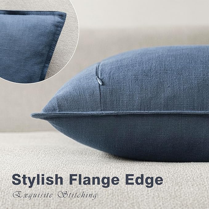 Foindtower Pack of 2, Decorative Linen Soild Throw Pillow Covers Accent Lumbar Cushion Case Boho Farmhouse Pillowcase for Chair Couch Sofa Bedroom Living Room Home Decor 12x20 Inch Dark Blue