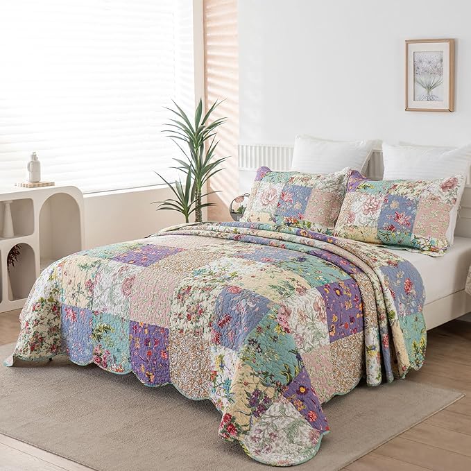 YAYIDAY Quilt King Size Patchwork Bedspread Set - 100% Cotton Reversible Breathable Floral Quilted Quilt with Pillow Shams Fit All Season