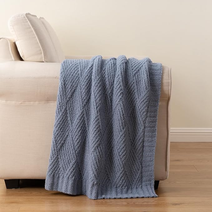 Battilo Bluish Grey Diamond Knit Throw Blanket for Couch and Bed, Soft Textured Chenille Blanket, Cozy Lightweight Decorative Blanket for Sofa, 50"x60"