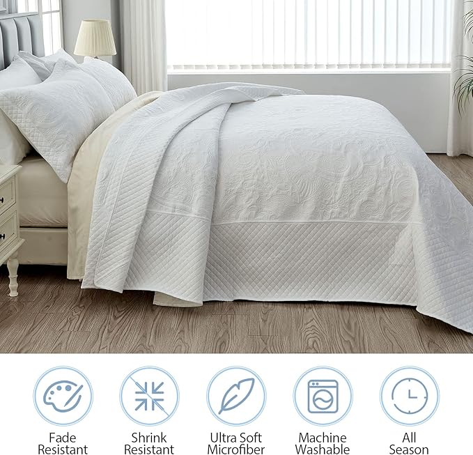 Qucover Alaska King Bedspread 132x 120, Solid White Oversized King Bedspread, 3 Piece Soft Microfiber Lightweight Oversized King Quilt Bedding Set, with Pillow Shams, Comforter with Paisley Pattern