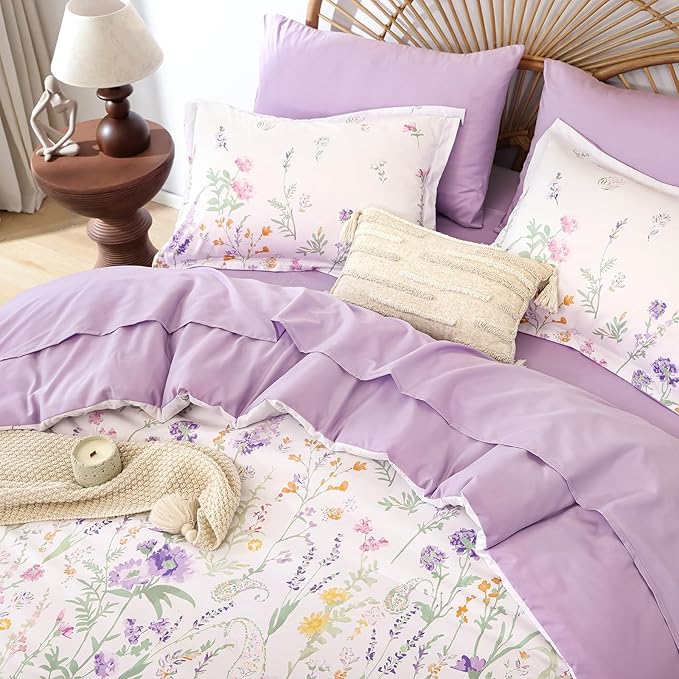 Yiran Purple Floral Comforter Set Queen Size, 7 Piece Cute Flower Comforters Bed in a Bag Lavender, Soft Microfiber Complete Aesthetic Botanical Bedding Set with Sheets for Women Girls