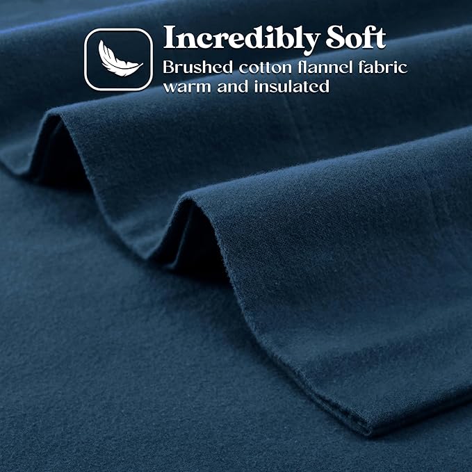 Superior Flannel Cotton Bed Sheet Set, Set Includes: One Flat Sheet, One Fitted Sheet and One Pillowcase, Breathable, Modern Solid Classic, Twin, Navy Blue