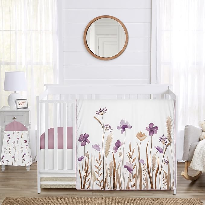 Sweet Jojo Designs 4-Piece Baby Crib Bedding Set (Purple Boho Floral) for Girls, Infants/Nursery incl. Blanket, Fitted Sheet, Skirt, Diaper Stacker (Vintage, Wildflower Garden, Bohemian, Farmhouse)