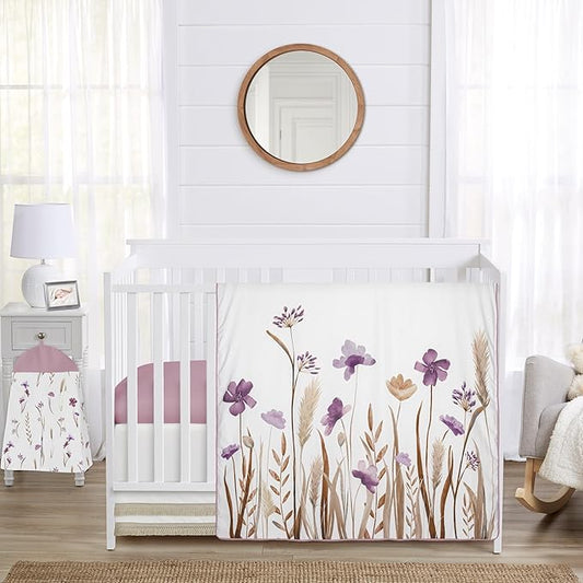 Sweet Jojo Designs 4-Piece Baby Crib Bedding Set (Purple Boho Floral) for Girls, Infants/Nursery incl. Blanket, Fitted Sheet, Skirt, Diaper Stacker (Vintage, Wildflower Garden, Bohemian, Farmhouse)