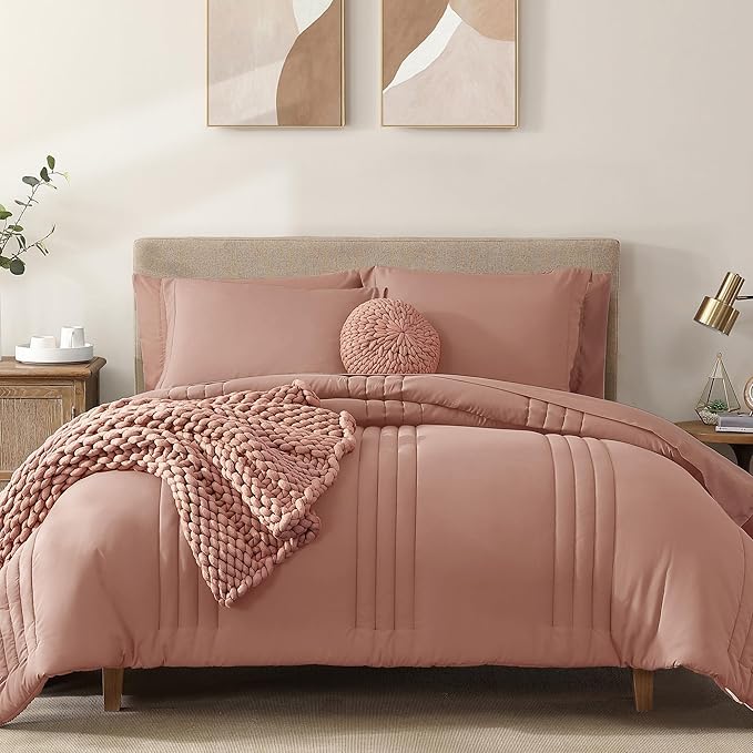 Monbix Full Comforter Set - 7 Pieces Clay Pink Bed in a Bag Full Size Bedding Sets with Comforters, All Seasons Comforter with Sheets, Pillowcases & Shams
