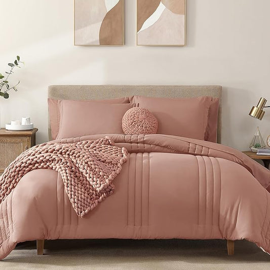 Monbix Full Comforter Set - 7 Pieces Clay Pink Bed in a Bag Full Size Bedding Sets with Comforters, All Seasons Comforter with Sheets, Pillowcases & Shams