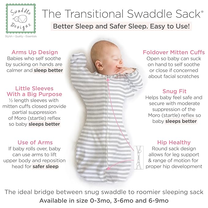 SwaddleDesigns Transitional Swaddle Sack, Arms Up Half-Length Sleeves & Mitten Cuffs, Swaddle for Newborn Transition to Baby Sleep Sack Wearable Blanket, 6-9 Month, 21-24 lb, Heathered Gray Stripes