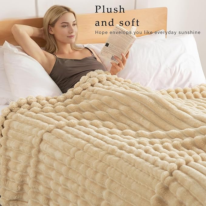 Exclusivo Mezcla King Size Flannel Fleece Blanket, Super Soft Striped Jacquard Bed Blanket, Lightweight Fuzzy Cozy for All Seasons, 90x104 Inches, Beige