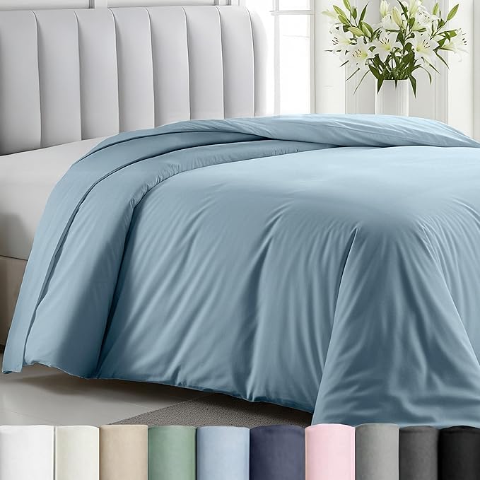 Duvet Cover Cotton Only - Premium 400 Thread Count, Natural 100% Cotton Twin Bed Duvet Cover, Soft Sateen Weave, Button Closure and Corner Ties - Sky Blue