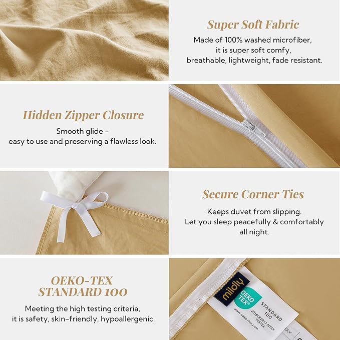 MILDLY Super Soft Duvet Cover 2pcs - 100% Washed Microfiber Yellow Comforter Cover Set with Zipper Closure & Corner Ties (No Comforter)