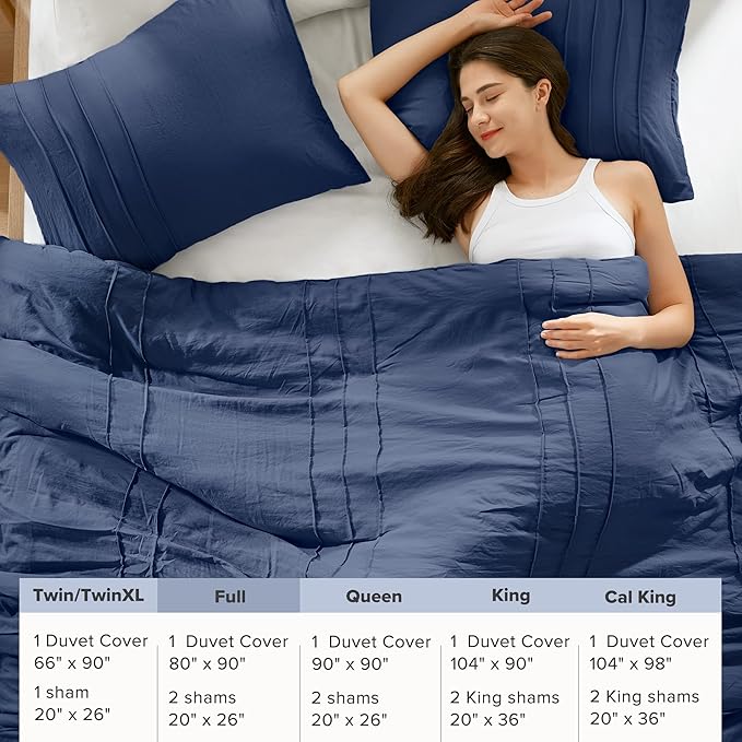 Comfort Spaces Navy Full Size Duvet Cover Set - 3-pc Pintuck Pleated Duvet Cover, All Season Lightweight, Extra Softness Pre-Washed Microfiber Full Bed Cover Shams, Full