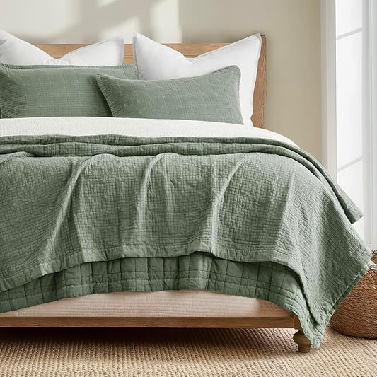 EVERGRACEHOME Stonewashed Cotton Quilt Set King Size, Ultra Soft Oversized Bedspread Coverlet Set, Lightweight Crinkle Box Stitch Bedding Sets for All Season, with 2 Shams, Olive Green