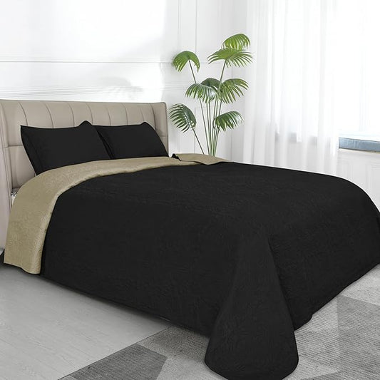 Easy-Going King Size Reversible Quilt Set with 1 Quilt and 2 Pillow Shams, Soft Bed Quilt Cover, Water Resistant Lightweight Microfiber Bedspread, Stain Resistant, Damask-Black/Beige