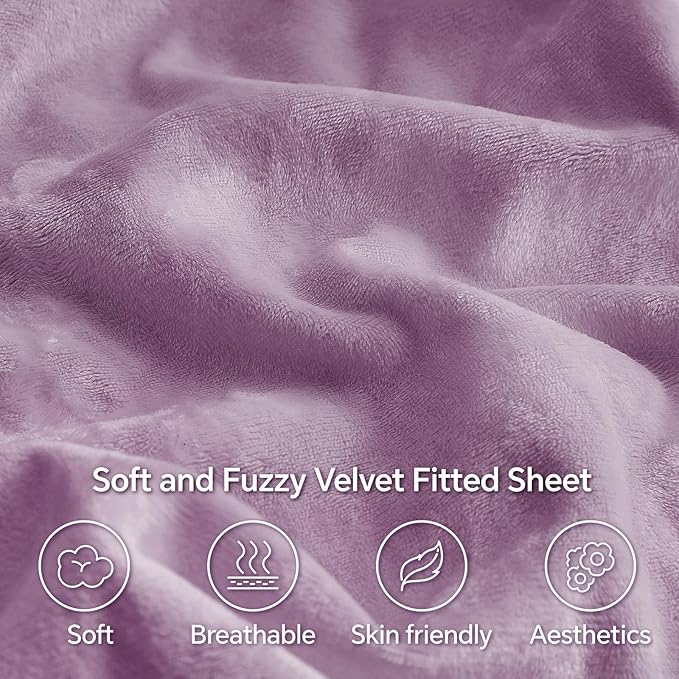 BEDELITE Velvet Fitted Sheet and Pillowcases Set, Luxury Soft Fuzzy Bottom Sheet with Reinforced Elastic Corner Straps, Deep Pocket up to 15 Inch, 1 Fitted Sheet and 1 Pillowcases (Twin, Lavender)