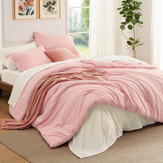 Bedsure Queen Comforter Set - 7 Pieces Pink Queen Bedding Set for All Seasons, Boho Contrasting Design Bed in a Bag with Comforter, Sheets, Pillowcases & Shams
