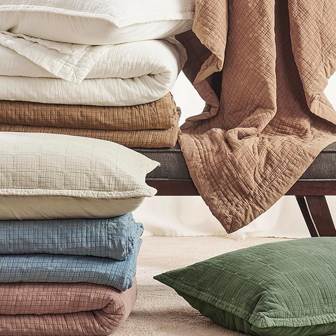EVERGRACEHOME Stonewashed Cotton Quilt Set Full Queen Size, Ultra Soft Oversized Bedspread Coverlet Set, Lightweight Crinkle Box Stitch Bedding Sets for All Season, with 2 Shams, Blushed Terracotta