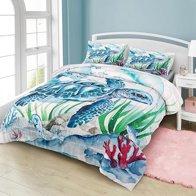 Bedbay Turtle Comforter Set King Size Ocean Theme Bedding for Boys Teen Girls Sea Turtle Coral Coastal Bedding Set Soft Cozy Lightweight Quilt 4-Piece 1 Comforter 2 Pillowcases 1 Cushion Cover