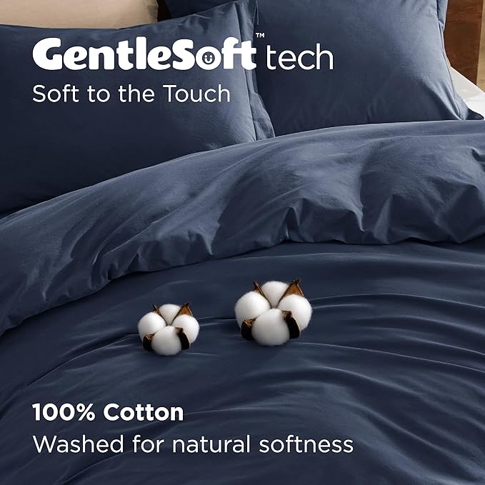 Bedsure 100% Washed Cotton Duvet Cover Cal King Size - Navy Minimalist Cotton Duvet Cover Linen Like for All Seasons - GentleSoft™ Plain Simple Bedding (Navy, Cal King, 104"x98")