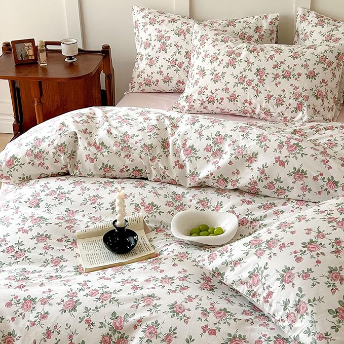 HighBuy Aesthetic Floral Duvet Cover Queen Size 3 Piece Soft Cotton Pink Floral Bedding Set Queen,Garden Coquette Comforter Cover Breathable,Boho Beige Duvet Cover Queen,2 Pillowcases