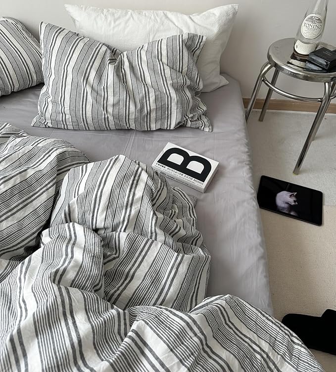 VM VOUGEMARKET King Duvet Cover Set Black Grey White Stripes Bedding Set,Luxury Comfy Washed Cotton Textured Linen Like Comforter Cover with Zipper&Ties-104"x90"