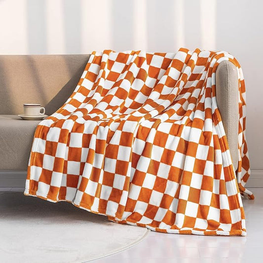 LOMAO Throw Blankets Flannel Blanket with Checkerboard Grid Pattern Soft Throw Blanket for Couch, Bed, Sofa Luxurious Warm and Cozy for All Seasons (Orange, 40"x60")