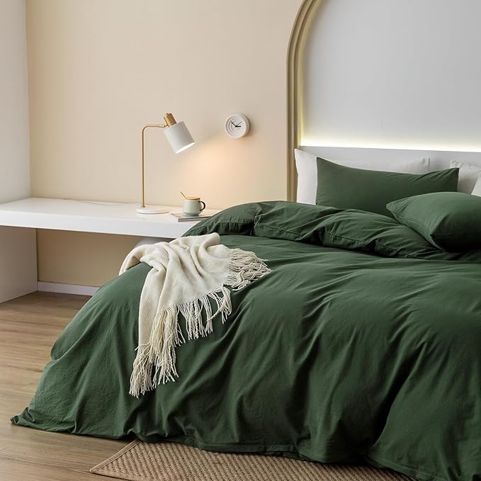 JIYUAN 100% Washed Cotton Duvet Cover Set Queen Size 3 Pieces, Linen Feel Soft Breathable Bedding Set with Zipper Closure, 90x90 Duvet Cover (Comforter Not Included) & 2 Pillowcases,Forest Green