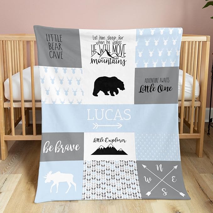 Personalized Baby Blanket Cute Animal Blanket for Boys - Soft Double Layer with Dotted Backing, Toddler to Newborn, Shower Gifts, Light Blue (35 X 45 inches)