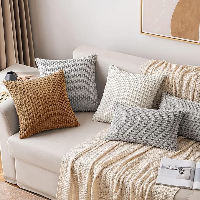 MIULEE Pack of 2 Decorative Throw Pillow Covers 20x20 Inch Soft Boho Striped Textured Corduroy Pillow Covers Modern Farmhouse Home Decor for Couch Bed Sofa Living Room Light Coffee
