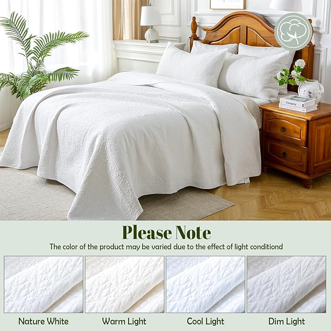 White 100% Cotton King Quilt Set, 3 Piece Modern Textured Bedspread with Coin Pattern, Lightweight Crinkly Coverlet Sham Set, Soft Minimalist All Season Bedding, Garment-Washed