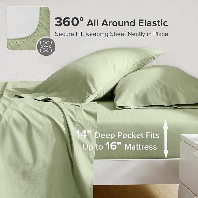 Comfort Spaces 100% Cotton Sheets Full, Breathable & Soft Cotton Sheets, Naturally Cool Cotton Bed Sheets with 14" Elastic Pocket Fits up to 16" Mattress, All Seasons Sheet Set, Sage Green 4 Piece