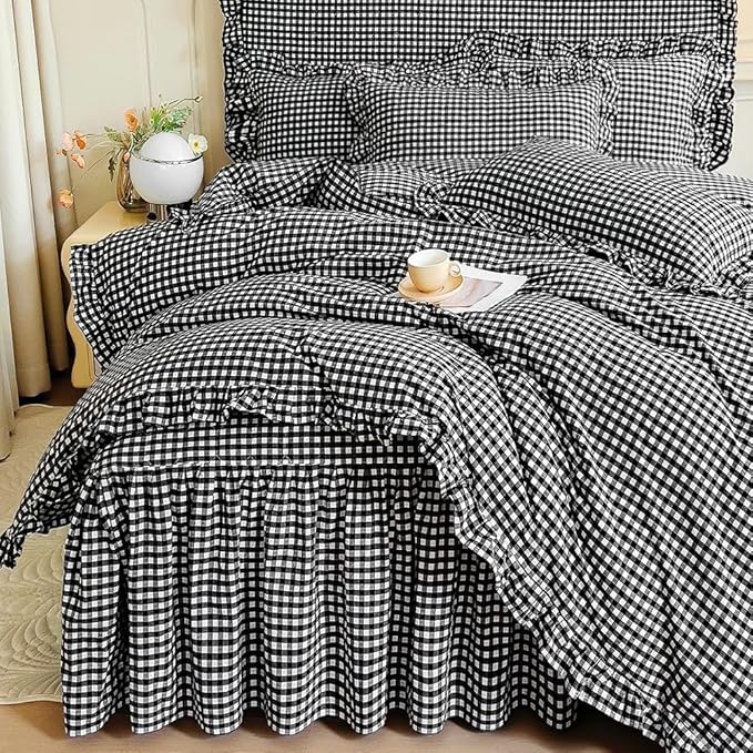 LifeTB Twin XL Comforter Set Black Gingham Comforter with 2 Pillowcases Vintage Ruffle Plaid Comforter Set Grid Bedding Checkered Pattern Comforter Fluffy Soft Plaid Gingham Bedding Set Twin XL