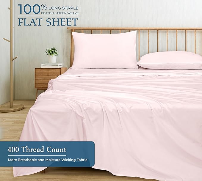 400 Thread Count 100% American Grown Cotton Flat Sheet - Cooling Sheets - Full Sheets - Luxury Sateen Weave - Full Flat Sheet Sold Separately - Super Soft Pink Flat Sheet Only (Full, Kyoto Blush)