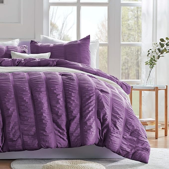 SLEEP ZONE Luxury Seersucker Queen Comforter Set 3-Piece, Soft & Lightweight Down Alternative Duvet Insert with Pillow Sham Cooling for Summer, Purple