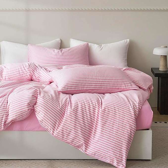 JELLYMONI Twin Duvet Cover Set, Cotton Duvet Cover 2 Pieces with Zipper Closure, 1 Duvet Cover and 1 Pillowcase(Pink with White Striped)