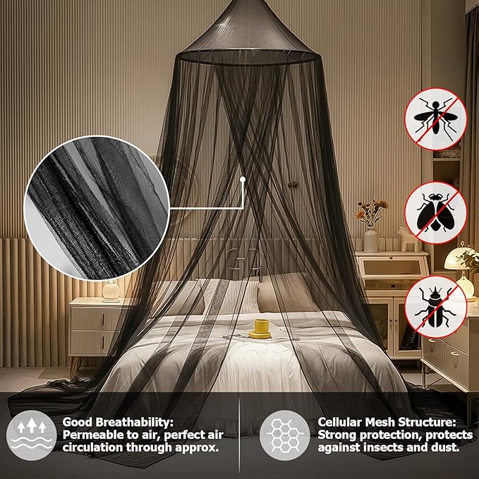 Bed Canopy with Lights, Bed Canopy for Girls Princess with Luminous Stars, Canopy Bed Curtains for Twin to King Size Bed, Baby Kids Adult Indoor Decor Bedroom Reading Nook Halloween Decoration (Black)