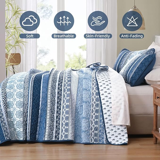 WONGS BEDDING Boho Quilt Set King Size, Navy Blue Bohemian 3 Pieces Quilt Sets, Lightweight Microfiber Bedspread Coverlet Bedding Set for All Season (104"x90")