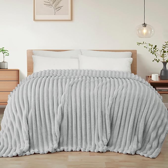 Exclusivo Mezcla Twin Size Flannel Fleece Blanket, Super Soft Striped Jacquard Bed Blanket, Lightweight Fuzzy Cozy for All Seasons, 60x80 Inches, Light Grey