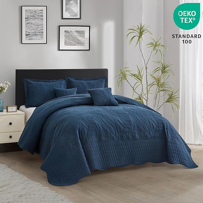 Botanical Oversized Bedspread King Size - Leaves Pattern Stitching Quilt Set - Elegant & Fresh Style Bedding Coverlets, Reversible, Lightweight, 5 Piece, Navy