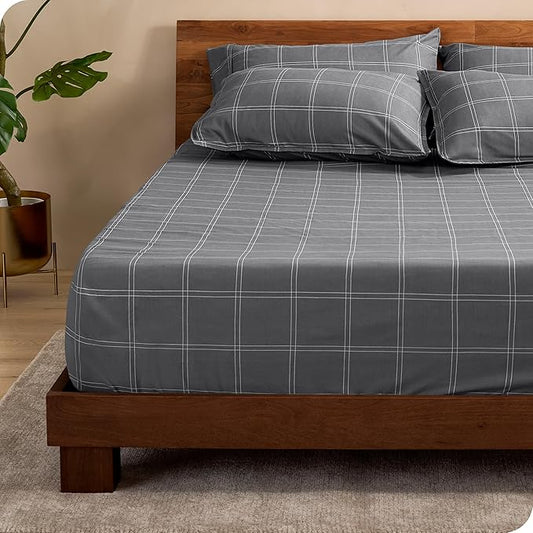 Bare Home Fitted Bottom Sheet Queen - Premium 1800 Microfiber - Ultra-Soft Wrinkle Free - Deep Pocket - Queen Fitted Sheet (Queen, Modern Plaid - Grey/White)