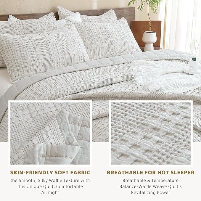 Sanracie Cotton Quilt Set King Size(110"x98"), Khaki Waffle Quilted Bedspread Sets,3Pcs Soft Lightweight King Quilt Bedding Set,Farmhouse Coverlet Quilt Set Shabby Vintage Chic Bedding Set