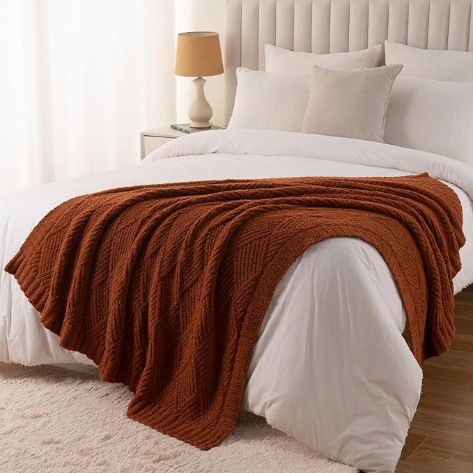 Battilo Fall Decor Caramel Diamond Knit Throw Blanket for Couch and Bed, Soft Textured Chenille Rust Orange Blanket, Cozy Lightweight Decorative Blanket for Sofa, 50"x60"