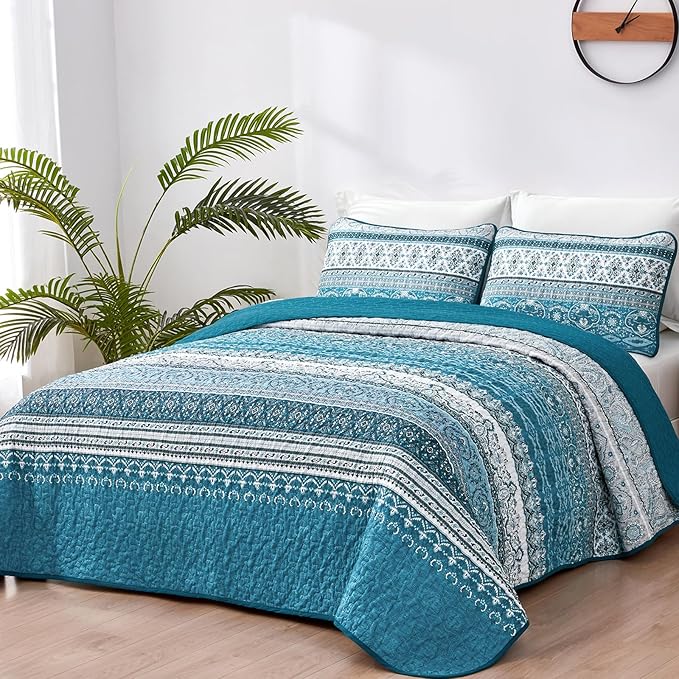 WONGS BEDDING Boho Quilt Set Full, Teal Blue Bohemian Quilt Bedding Set, Ultra Soft Lightweight Bedspread for All Season Reversible Microfiber Coverlet Bedding Set 90"x78"(3 Pieces)