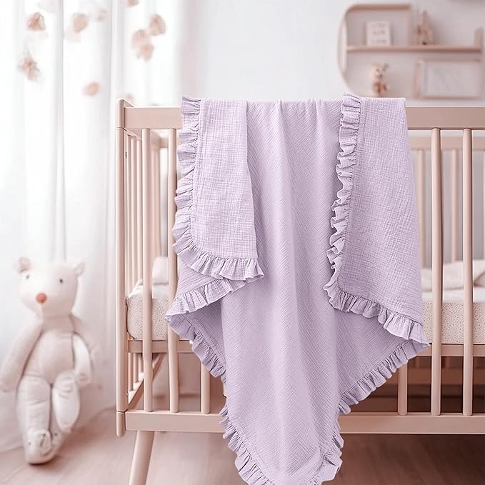 Konssy Flounce Muslin Baby Blankets, Cotton Crib Blanket for Baby Infant Toddler, Super Soft and Lightweight Nursery Blankets 40"x36" (Purple)