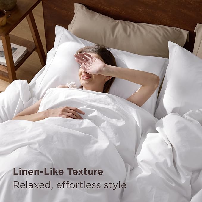 Bedsure 100% Washed Cotton Duvet Cover Oversized Queen - Bright White Minimalist Cotton Duvet Cover Linen Like for All Seasons - Plain Simple Bedding Set (Bright White, Oversized Queen, 98"x98")