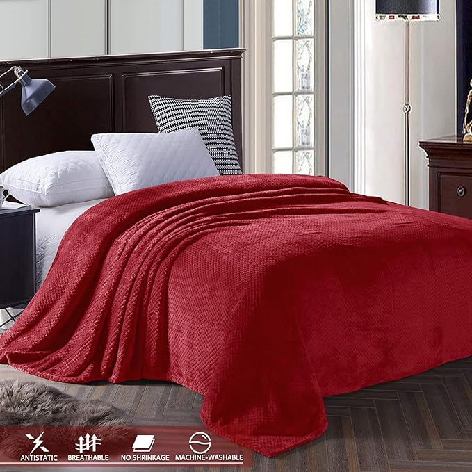 Exclusivo Mezcla Fleece Bed Blanket Twin Size, Super Soft and Warm Blankets for Couch, Sofa and Bed Waffle Textured, Cozy, Fuzzy and Lightweight (Deep Red, 60x80 inches)